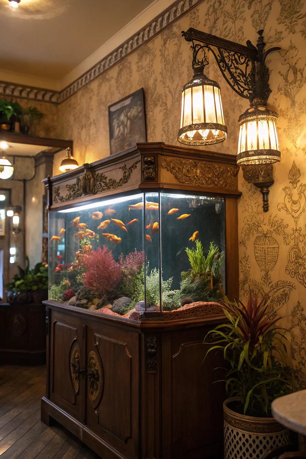 Vintage elements inject charm and character into your fish tank.