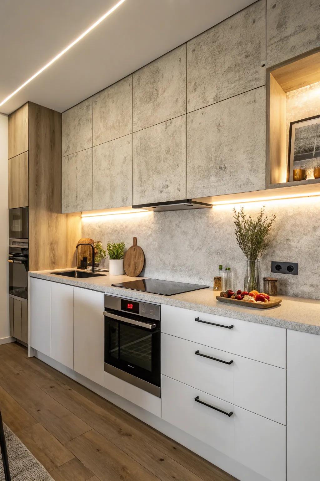 Concrete backsplashes offer a sleek and subdued elegance in kitchen design.