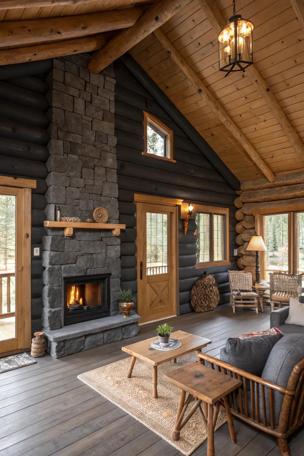 Smoky charcoal walls add depth and intrigue to the cabin's interior.