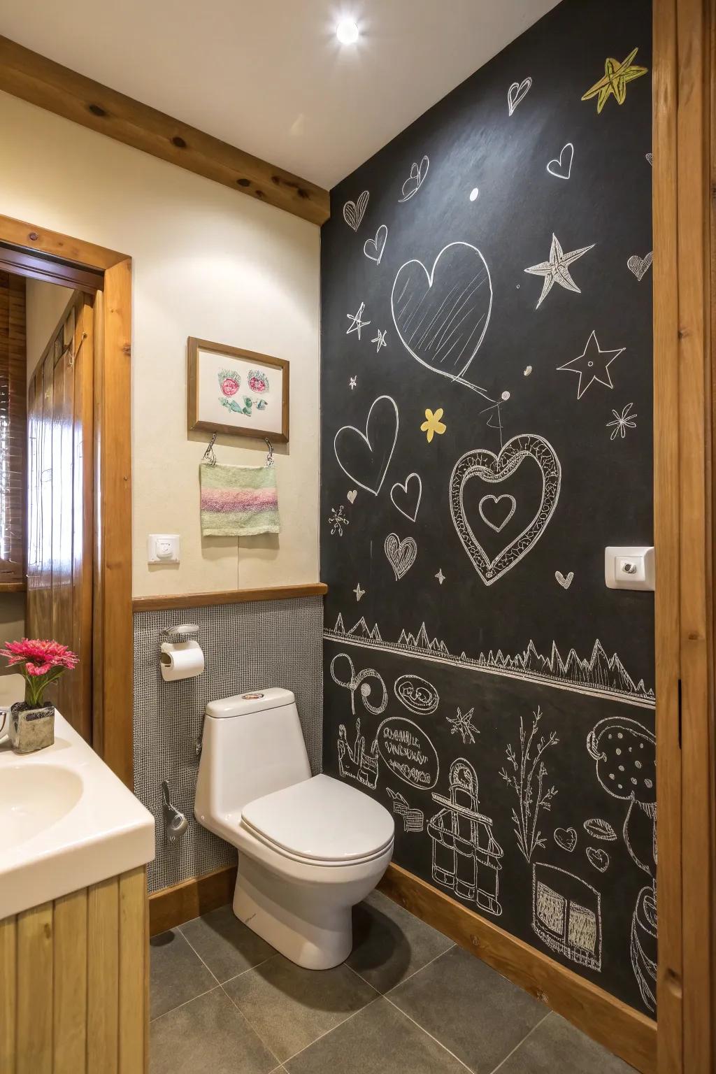 A bathroom featuring a chalkboard wall for personalized messages and creative doodles.