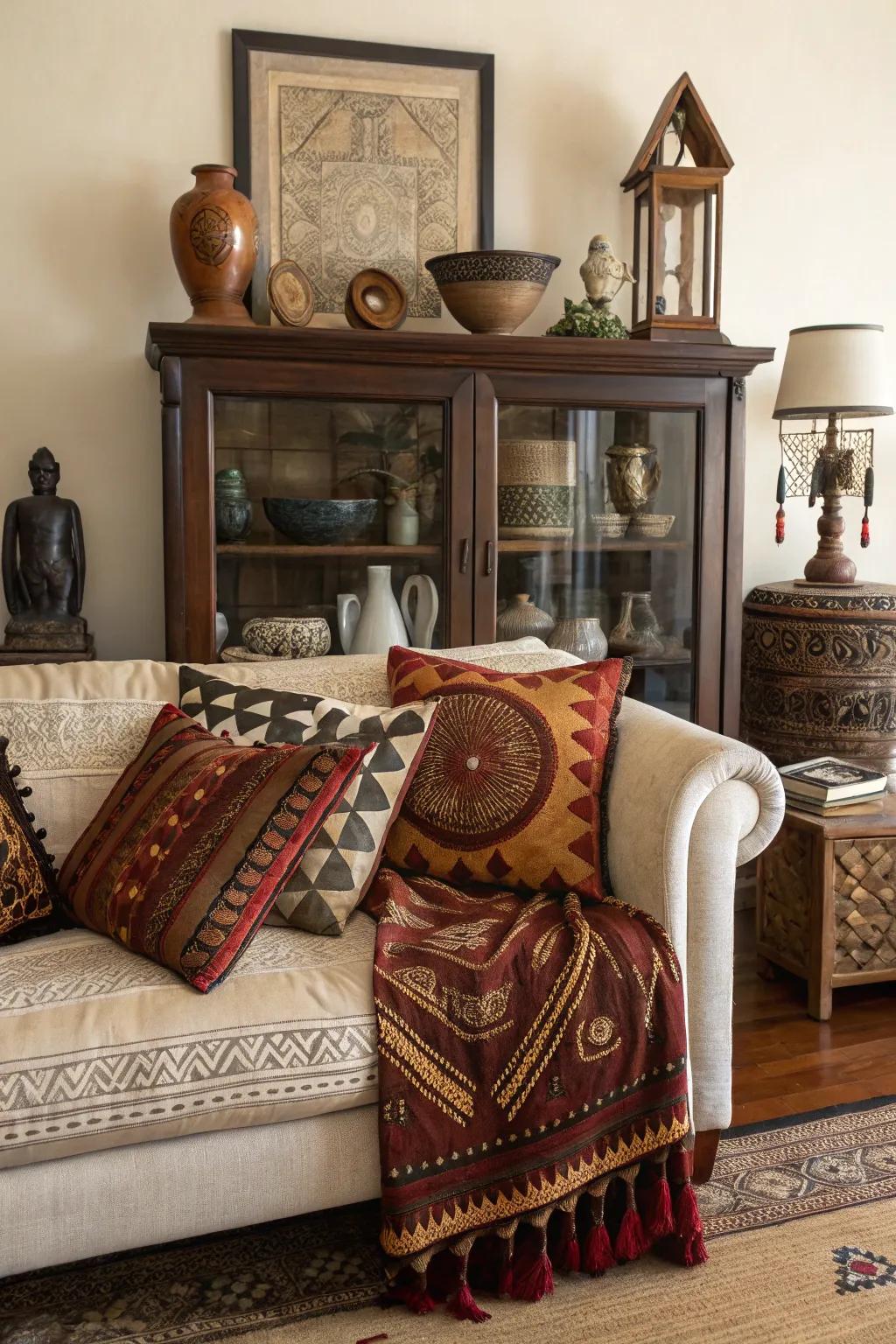 Cultural aesthetic composition on a sideboard conveys a personal narrative.