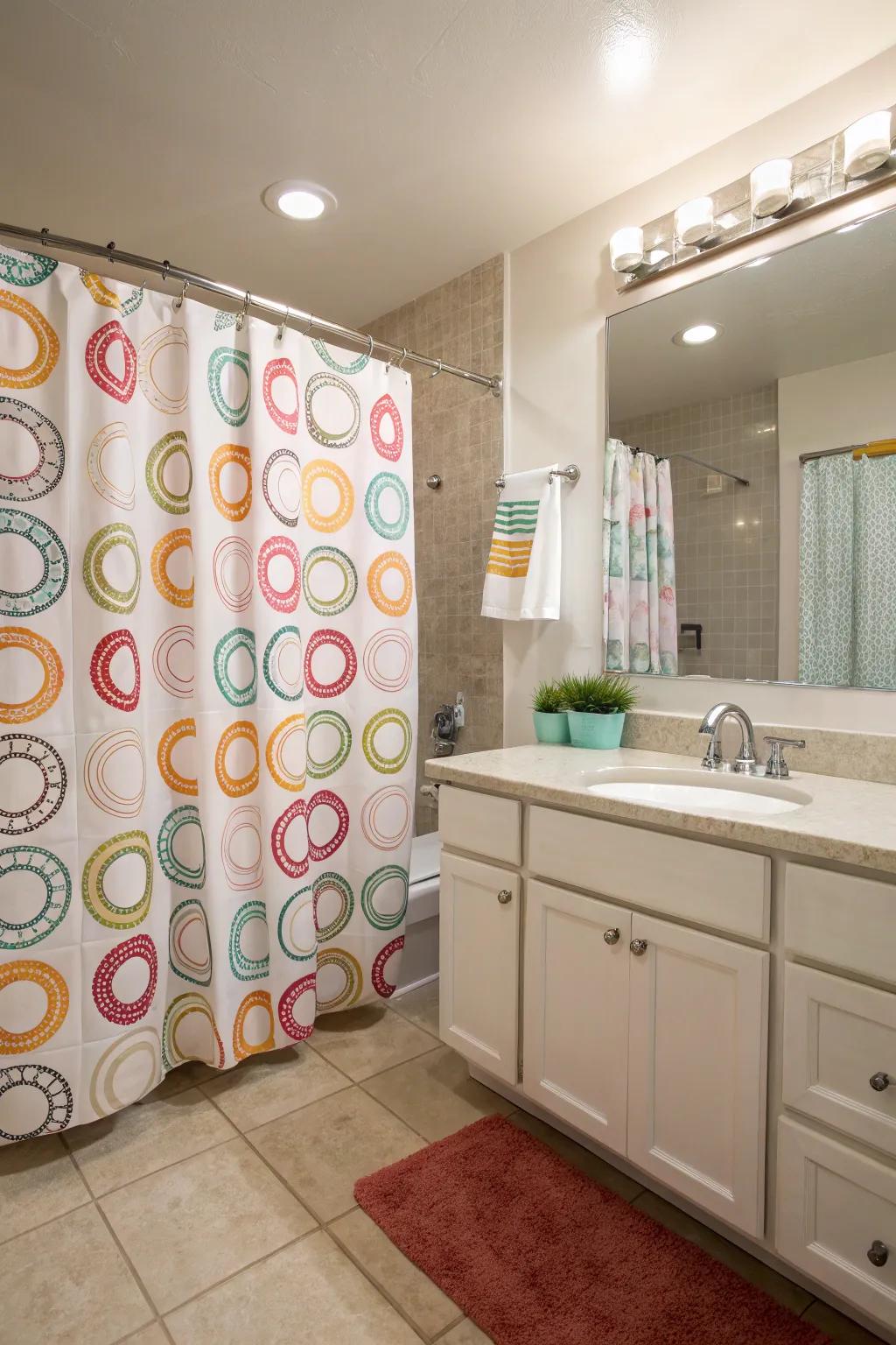 Patterned shower drape fasteners infuse a playful and amusement accent to your bathroom.