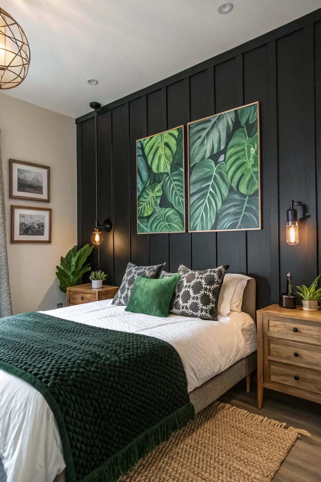 A charcoal accent wall provides a dramatic point of focus.