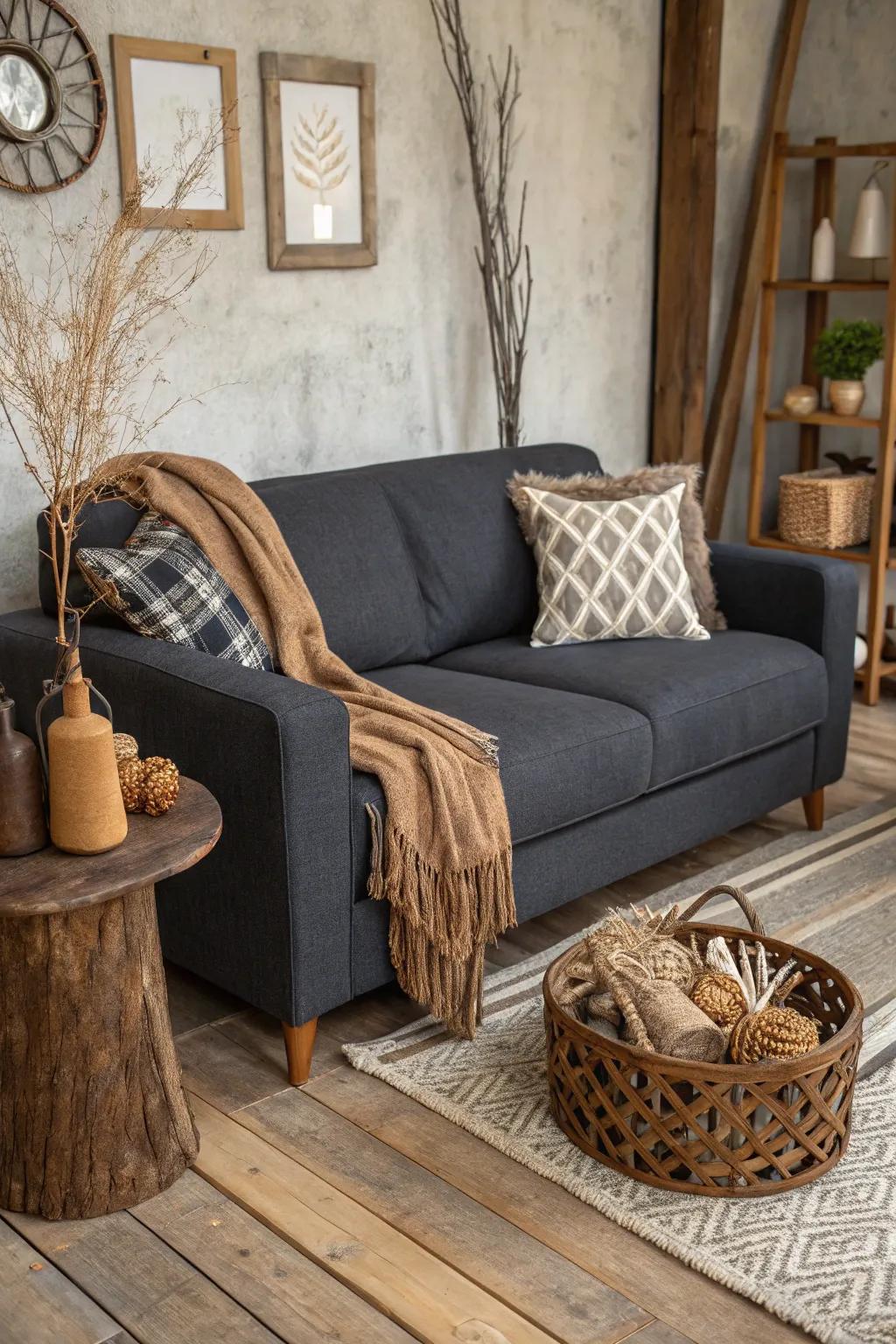 Countryside appeal incorporates warmth and contrast to a grey loveseat design.