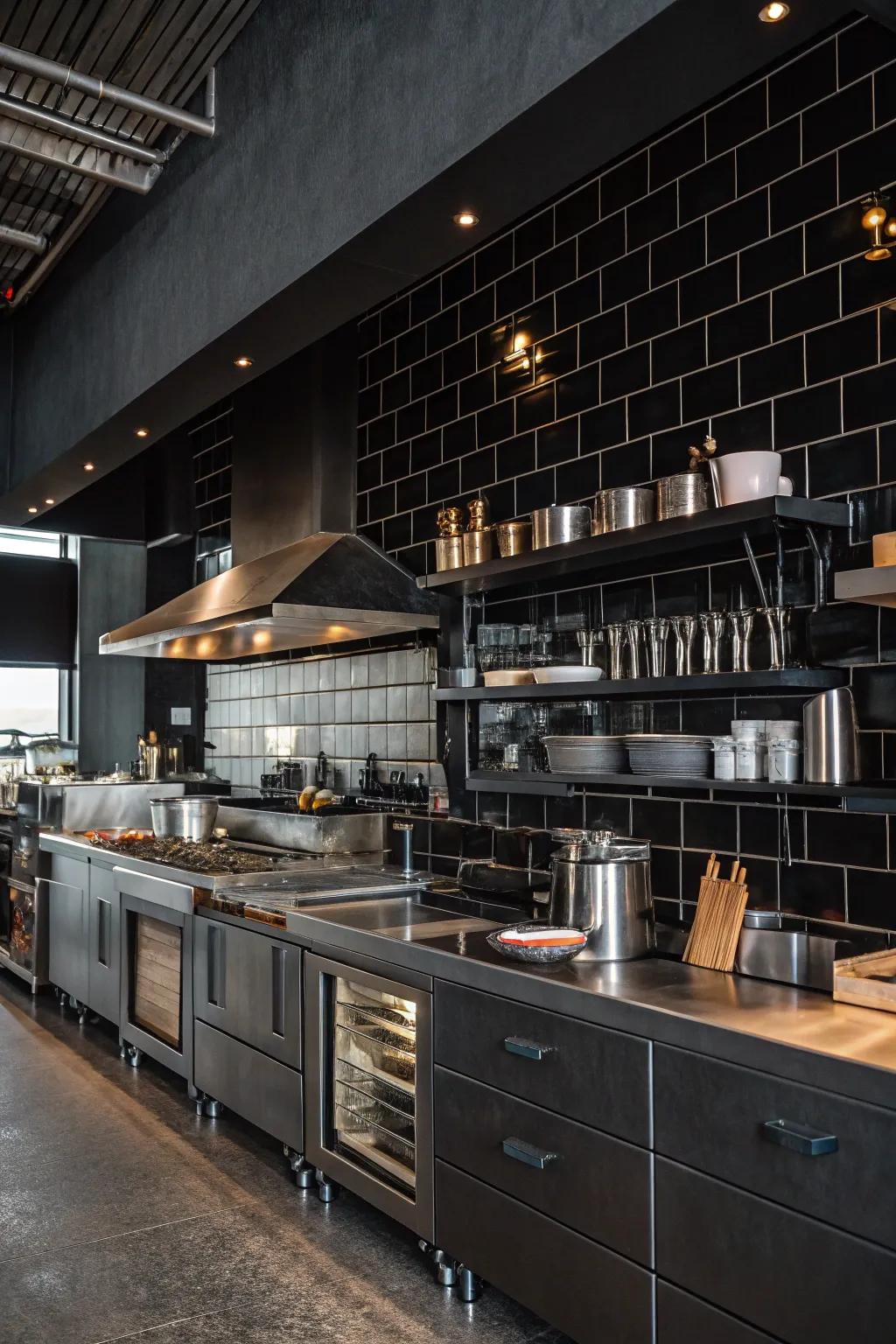 A metropolitan kitchen design highlighted by a deep backsplash and steel fixtures for a stylish urban feel.