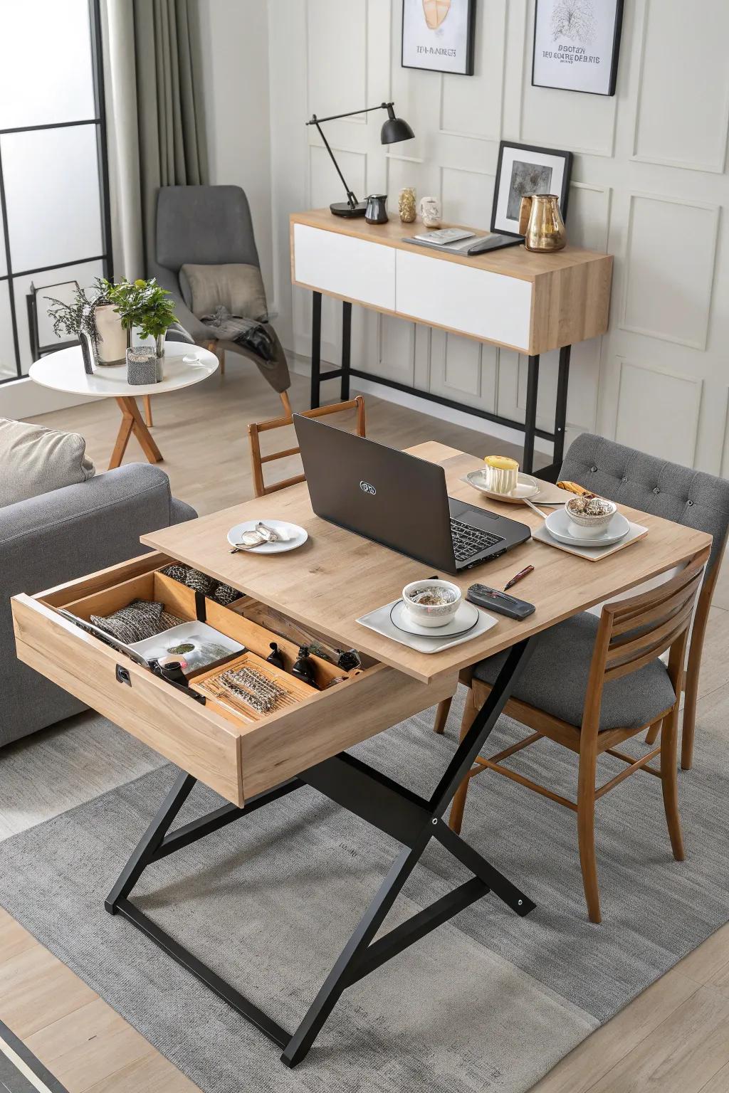 A multi-purpose desk offers versatility for varying daily needs.