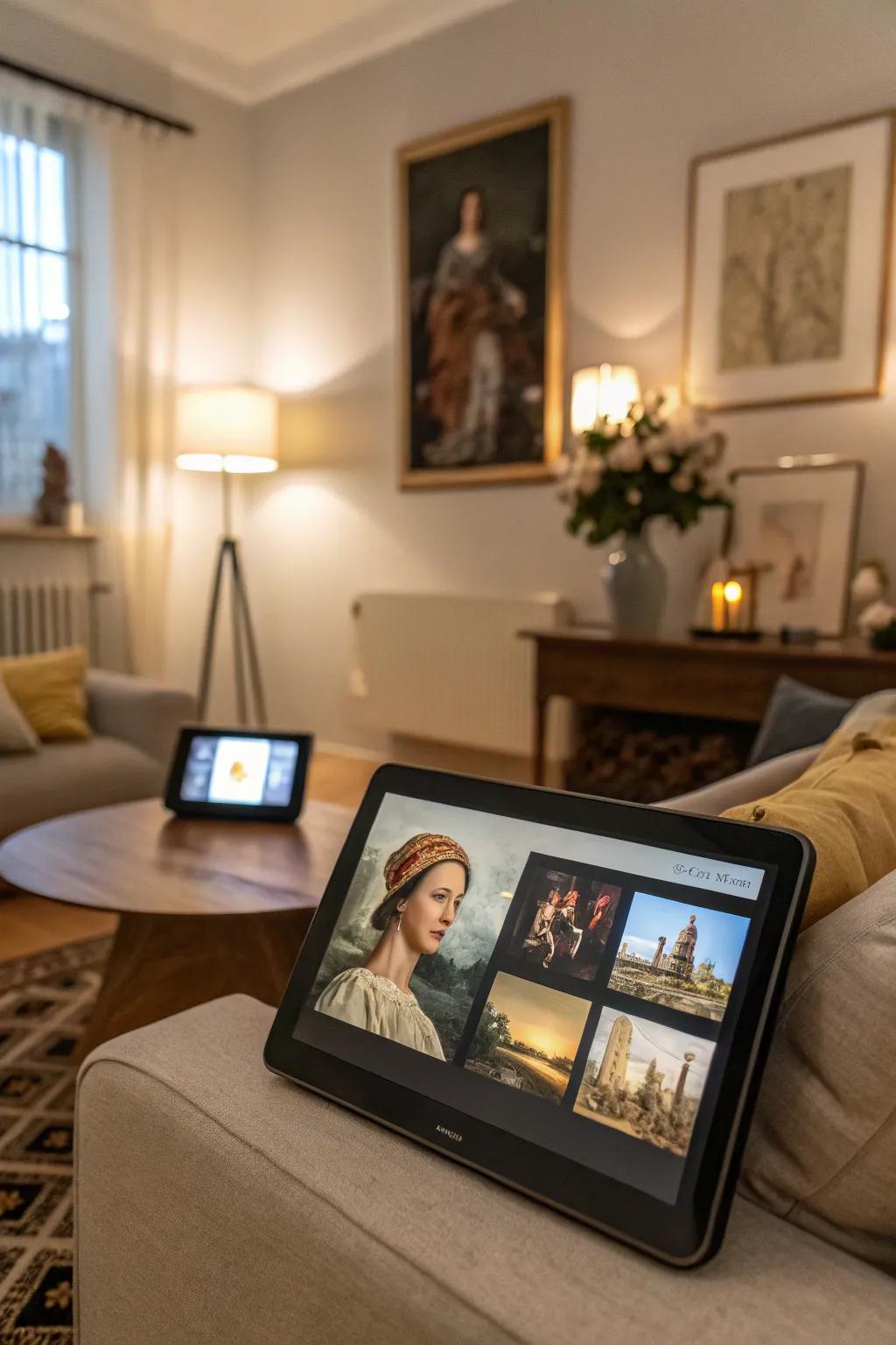 A virtual art gallery with a digital display.