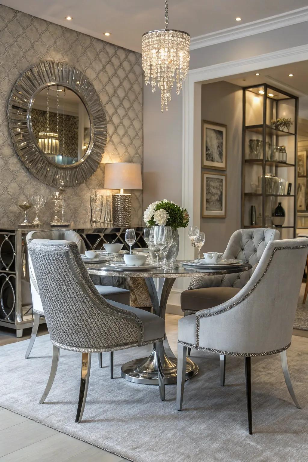 A sleek dining space is enhanced by the sophistication of silver.