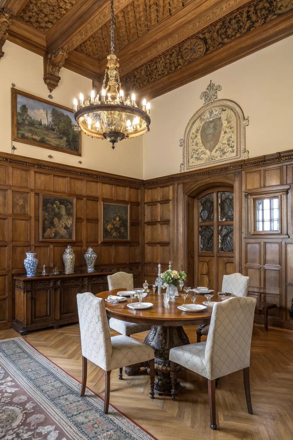 The dining room has more historic appeal because of the vintage-inspired wainscoting.
