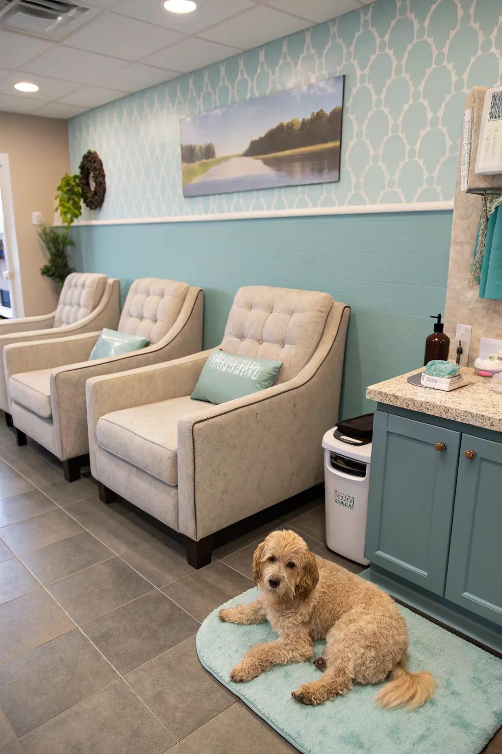 A nourishing waiting spot showcasing plush seating and refreshments.