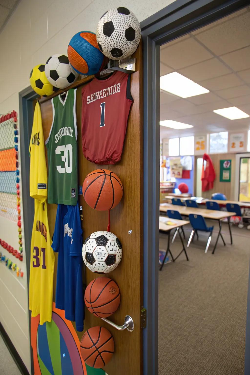 A sports-themed doorway celebrating teamwork and sportsmanship.