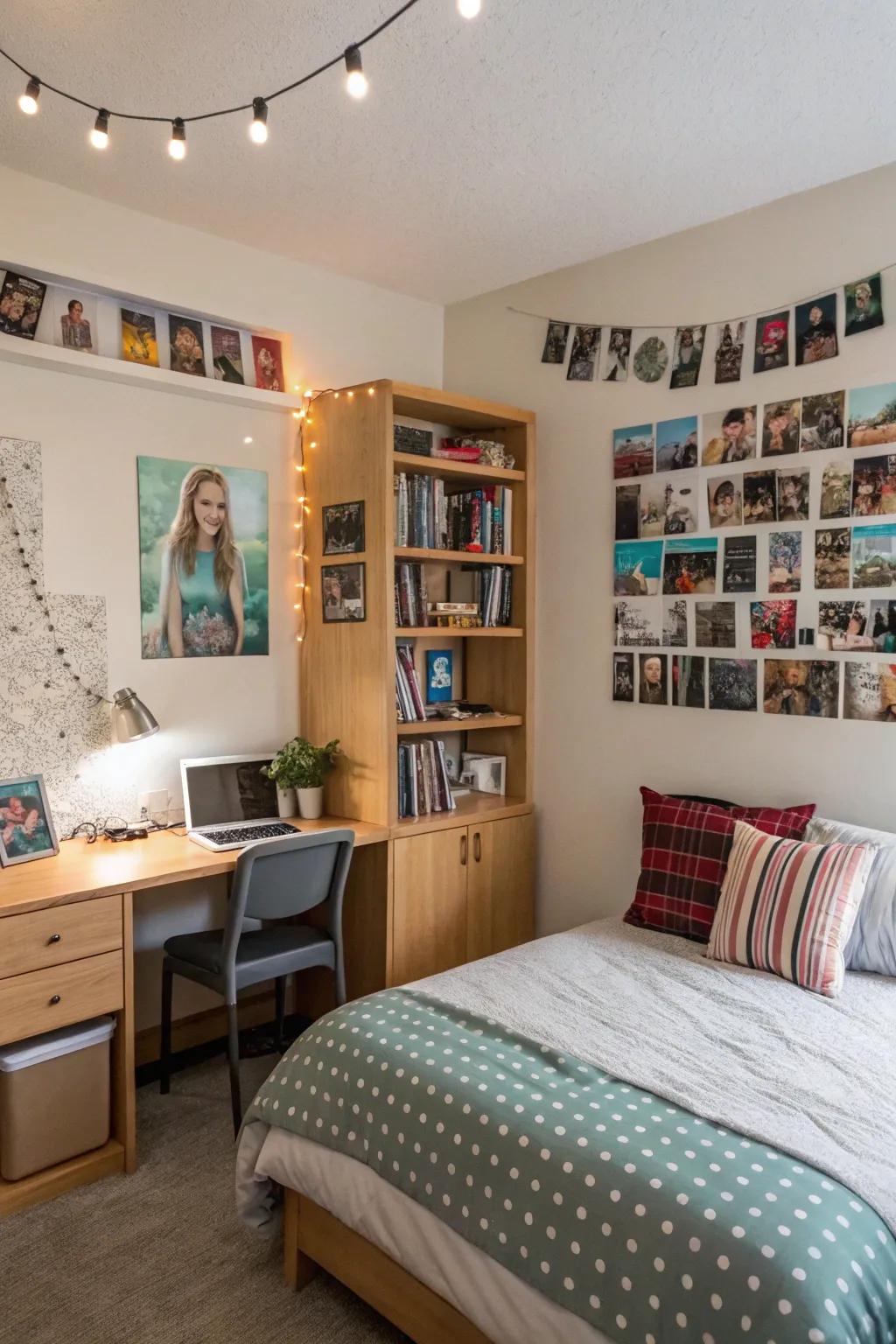 Personalized decor in a dorm room, adding charm and a homey feel.