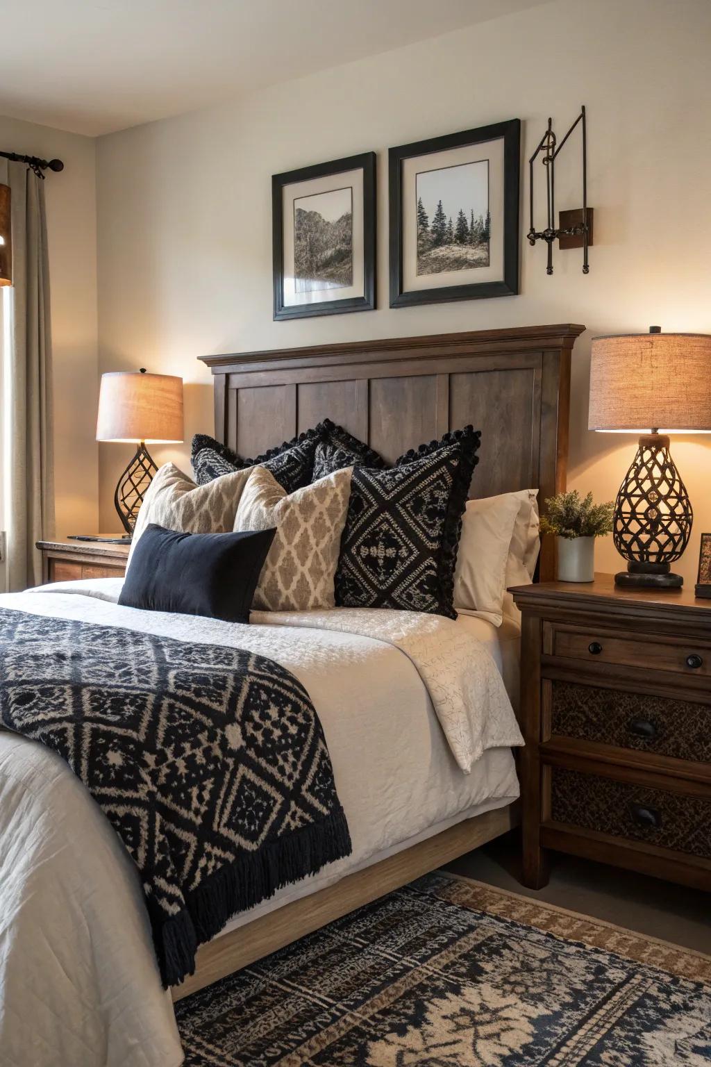 Shadowy ornamental pillows unite the color design with finesse.