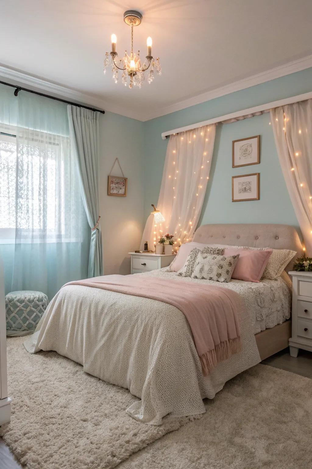 Serene pastels create a soothing and peaceful bedroom.