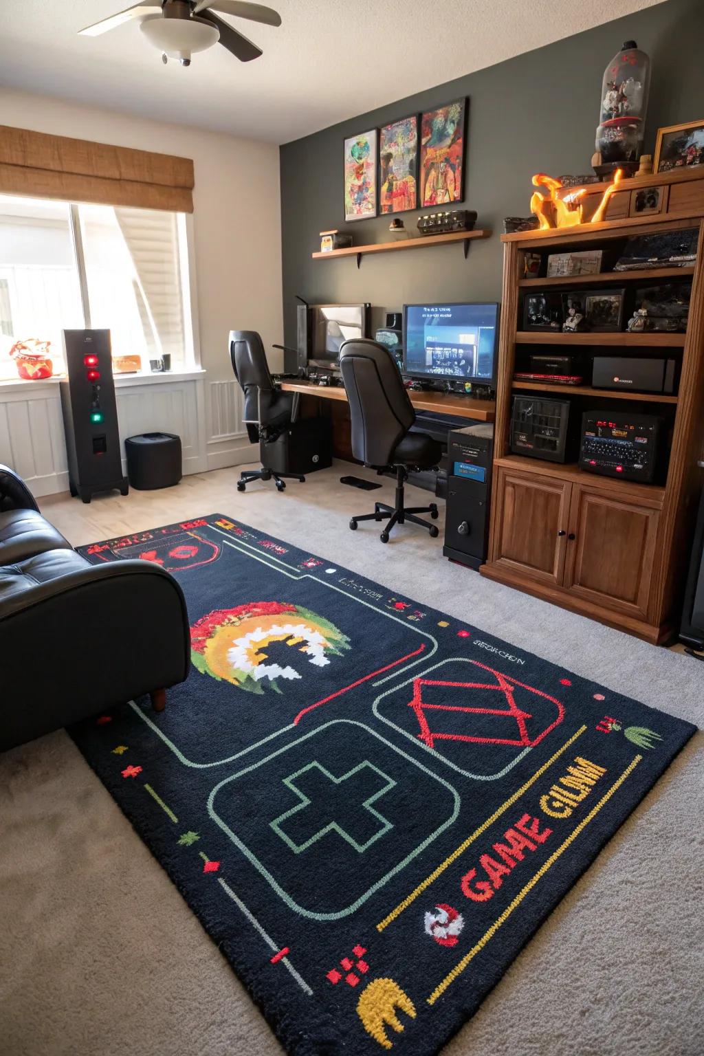 A custom rug anchors plus complements the gaming space.