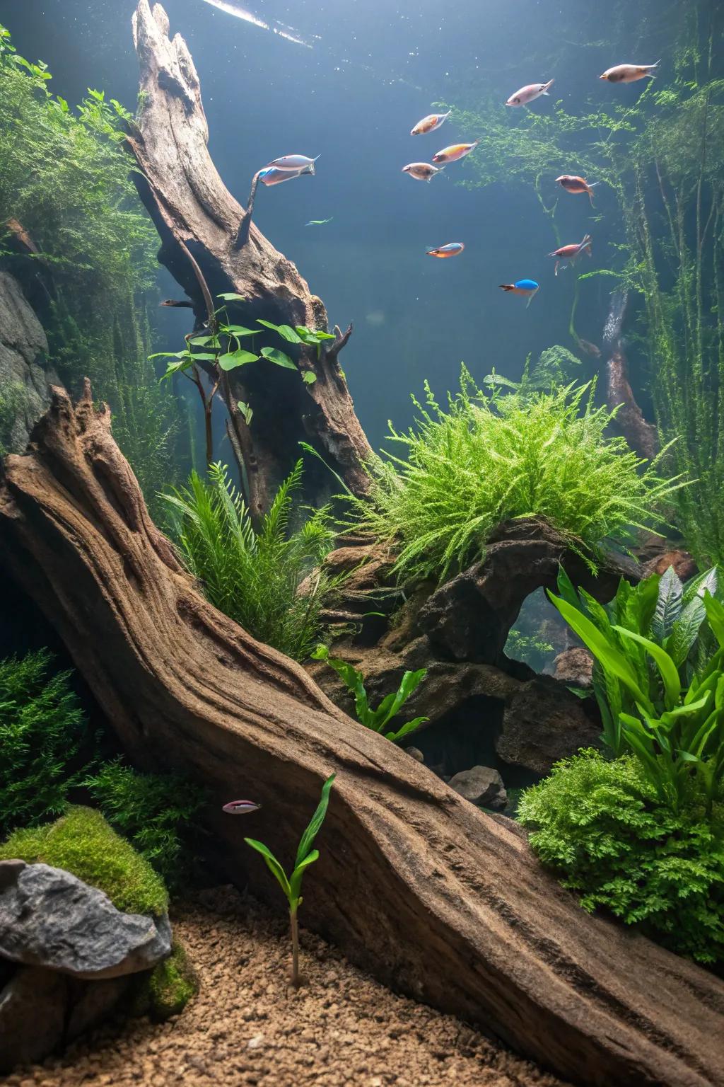 A mysterious concealed submerged realm waterscape featuring layered aquatic wood and flora.