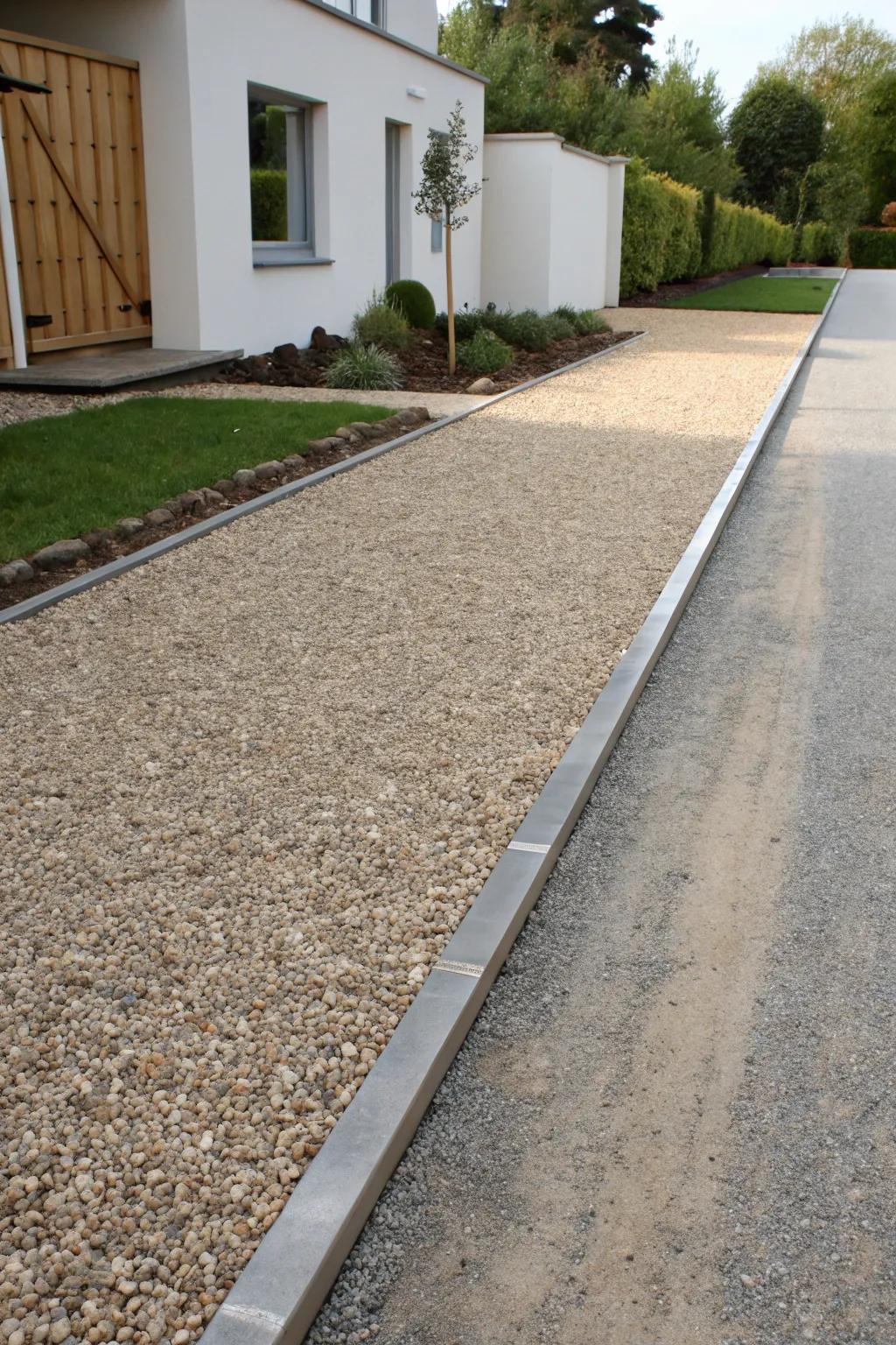 Metal edging delivers a crisp, contemporary look for gravel driveways.