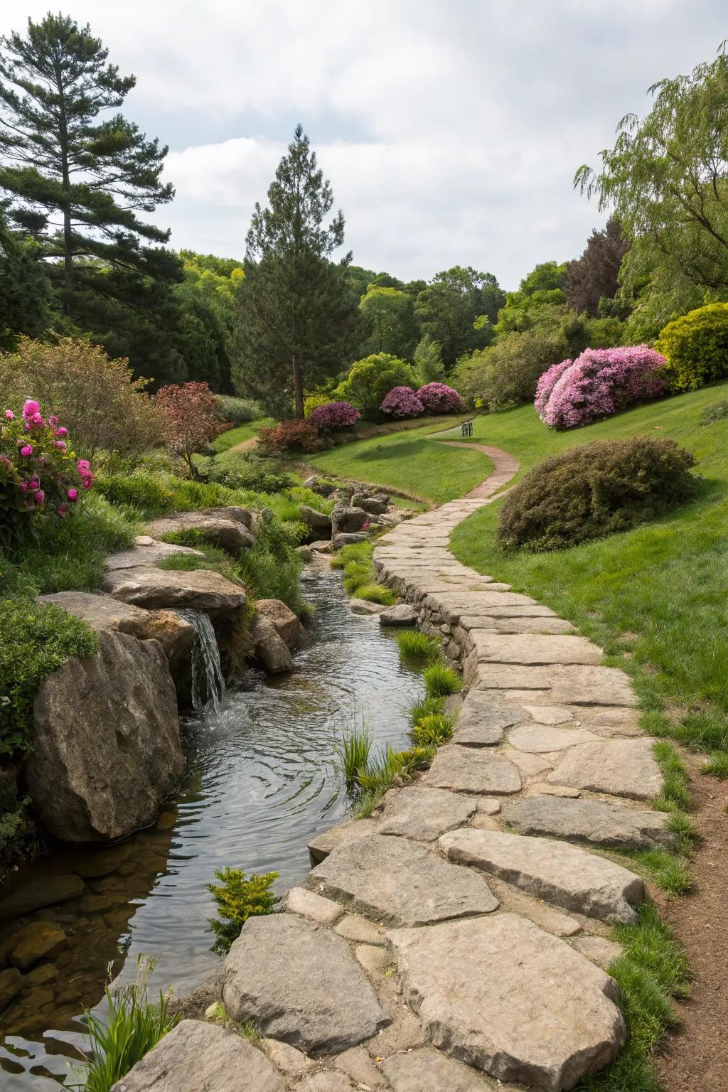 A serene rock path complemented by a soothing water feature.