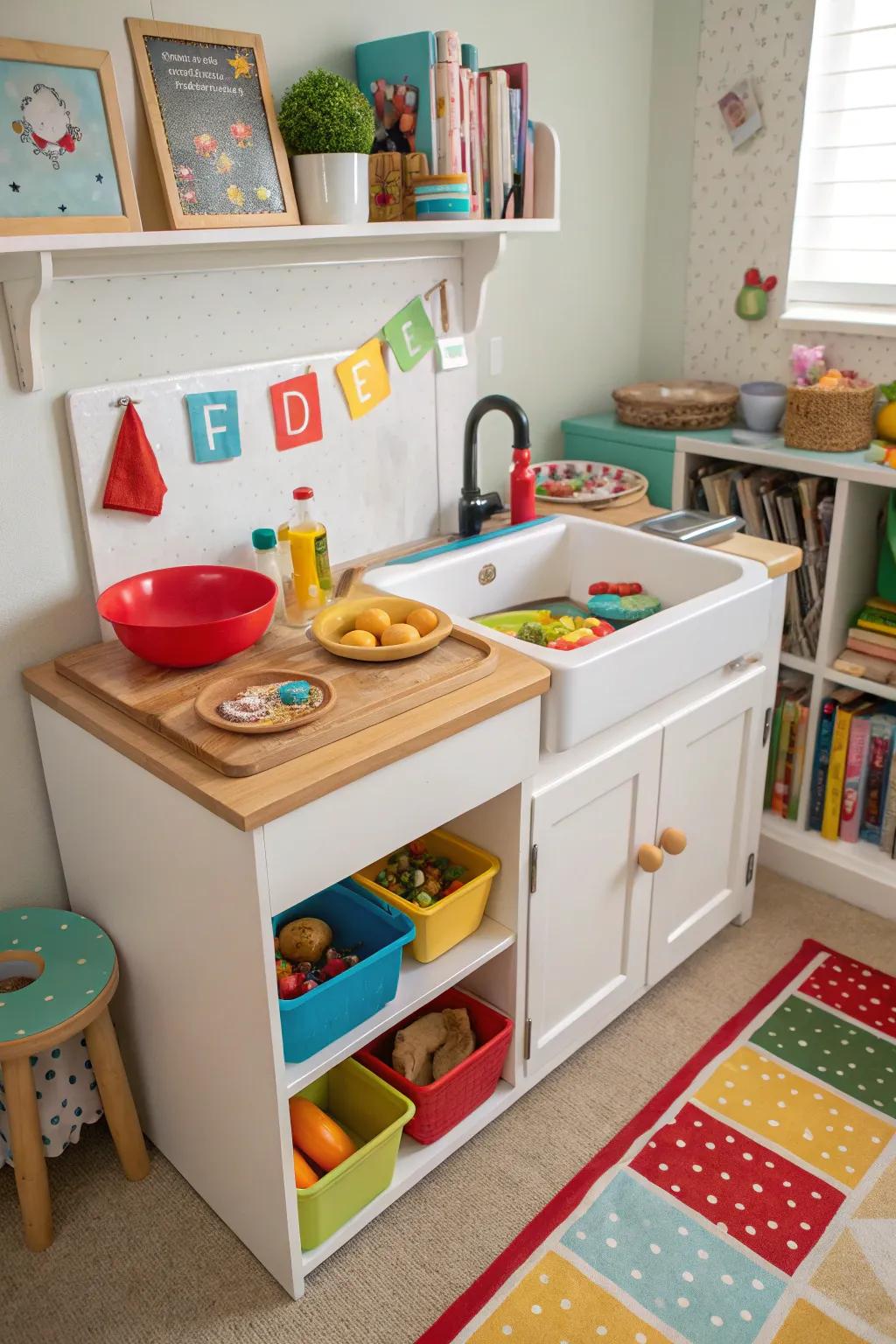 A children's role play kitchen established from a repurposed reclaimed storage unit.