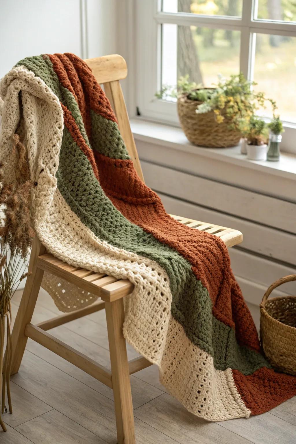 Settle in with homespun charm: embrace warmth and simplicity using this earthy-toned crochet masterpiece.