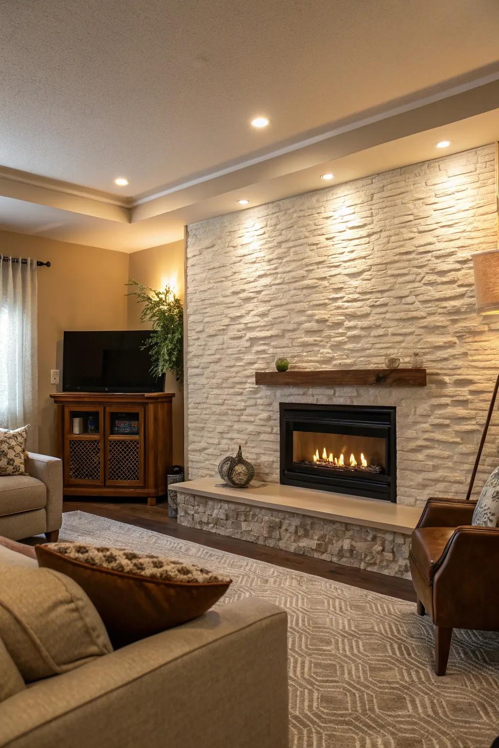 A design wall that beautifully highlights the fireplace.