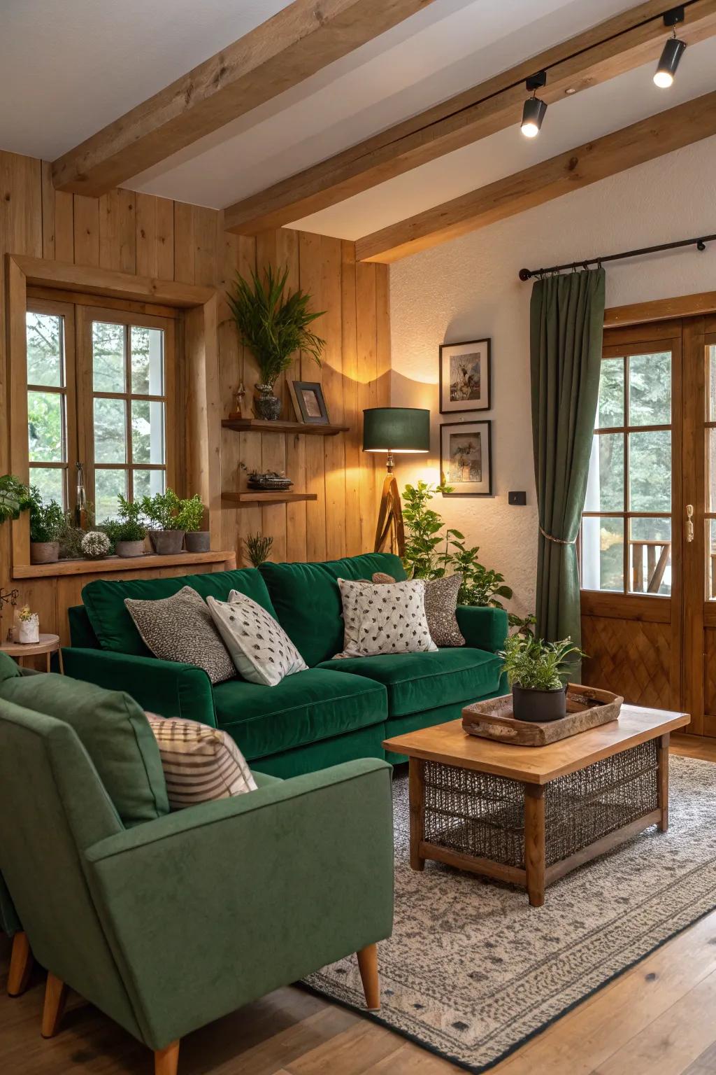 A mix of deep green and wood creates a warm and organic ambiance.