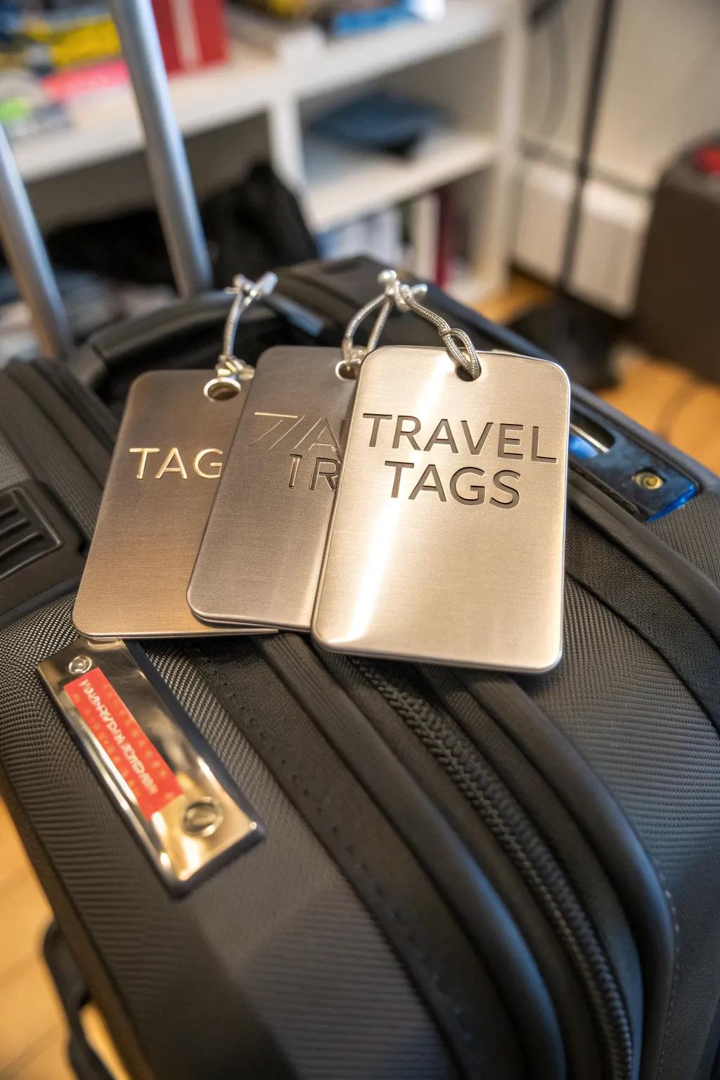 Etched journey labels mix practicality with wanderlust for the avid traveler.