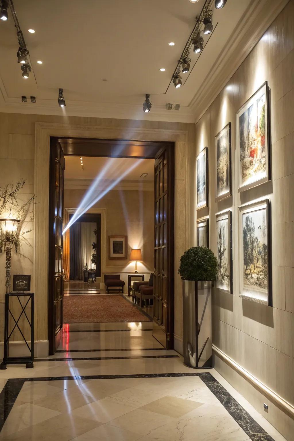 An entrance featuring spotlights that accentuate artwork to furnish a dynamic and elegant element.