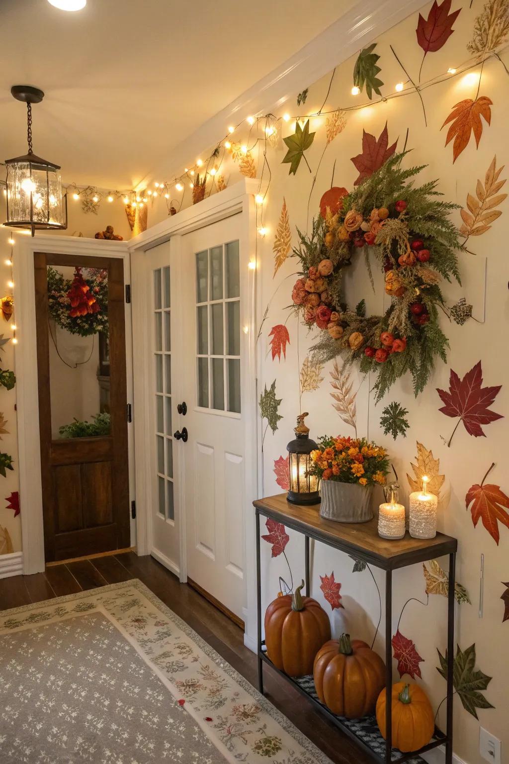 A versatile entryway showcased seasonal wallpaper for a fresh and dynamic look.