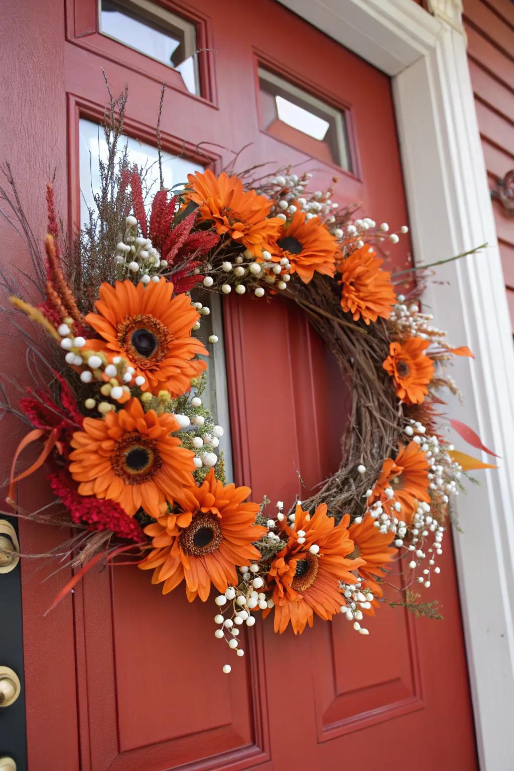 Citrine heliopsis construct a daring and inviting autumnal wreath.