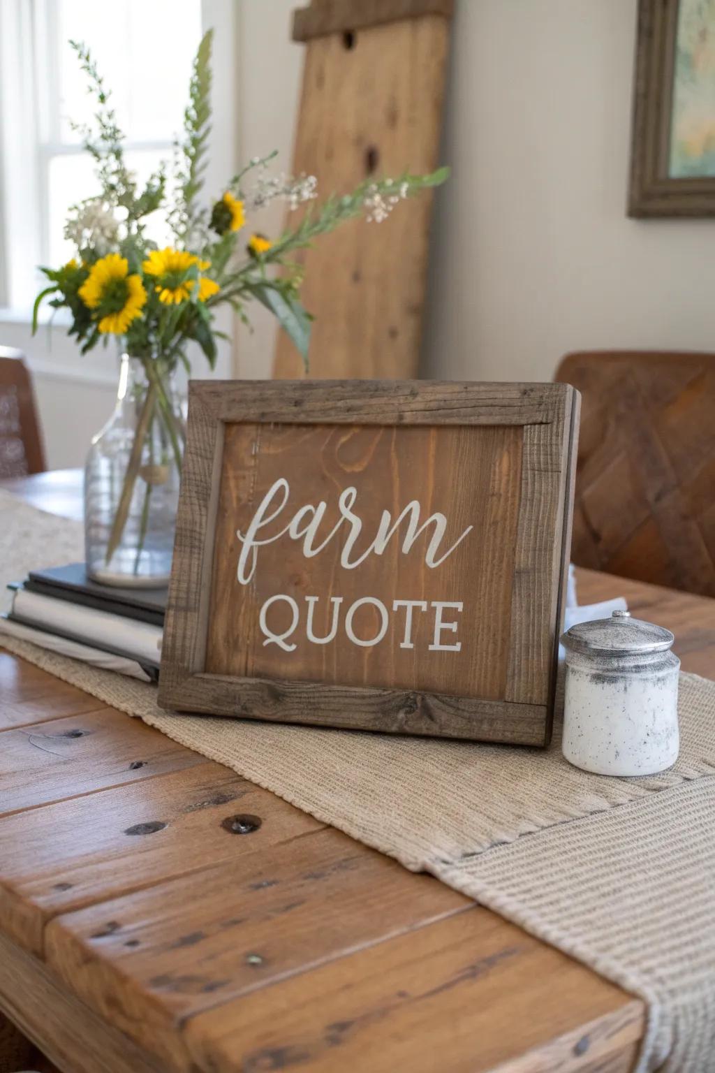 A wooden placard displaying a farm quotation injects warmth and personality.