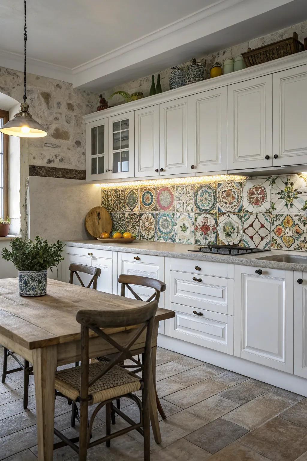 A mosaic backsplash adds artistic flair to this unique farmhouse kitchen.