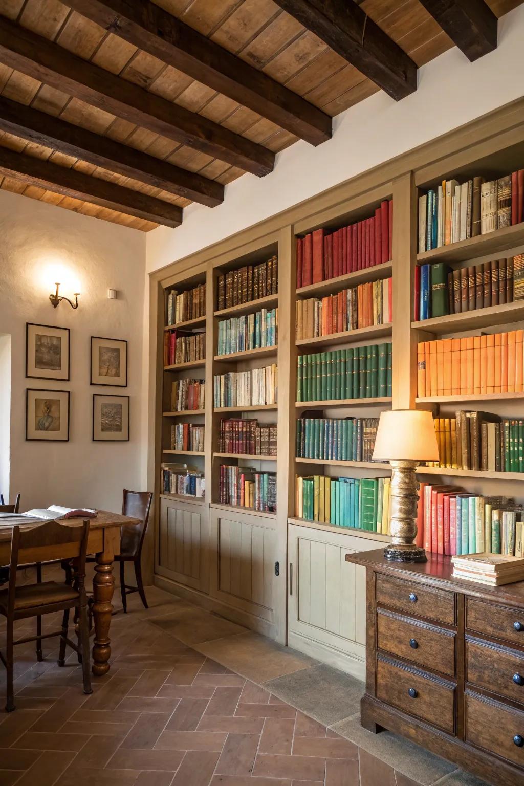 Arranging books by colourful spines creates a playful and artistic display.