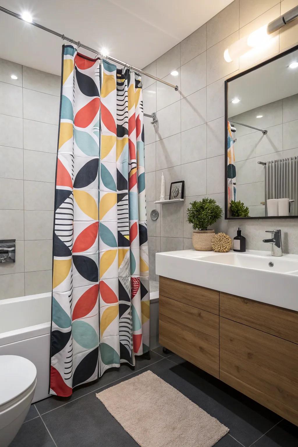 A bathroom featuring a striking graphic shower drape and modern accents.