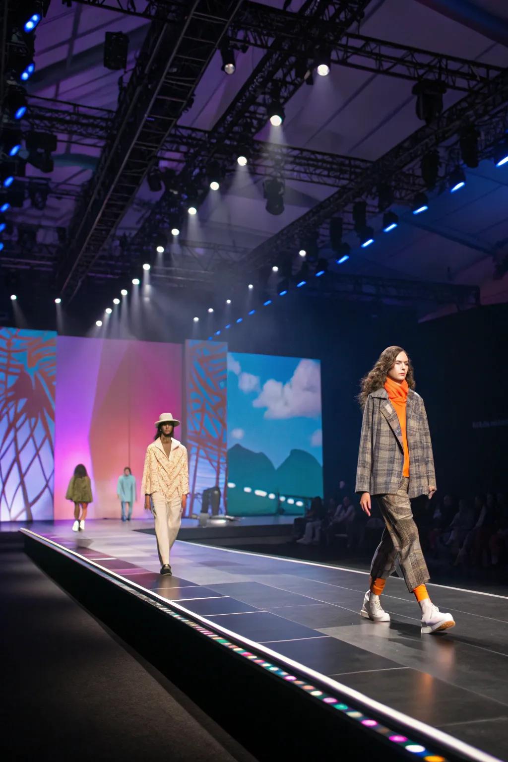 Dynamic stage configurations provide shifting viewpoints during the fashion show.