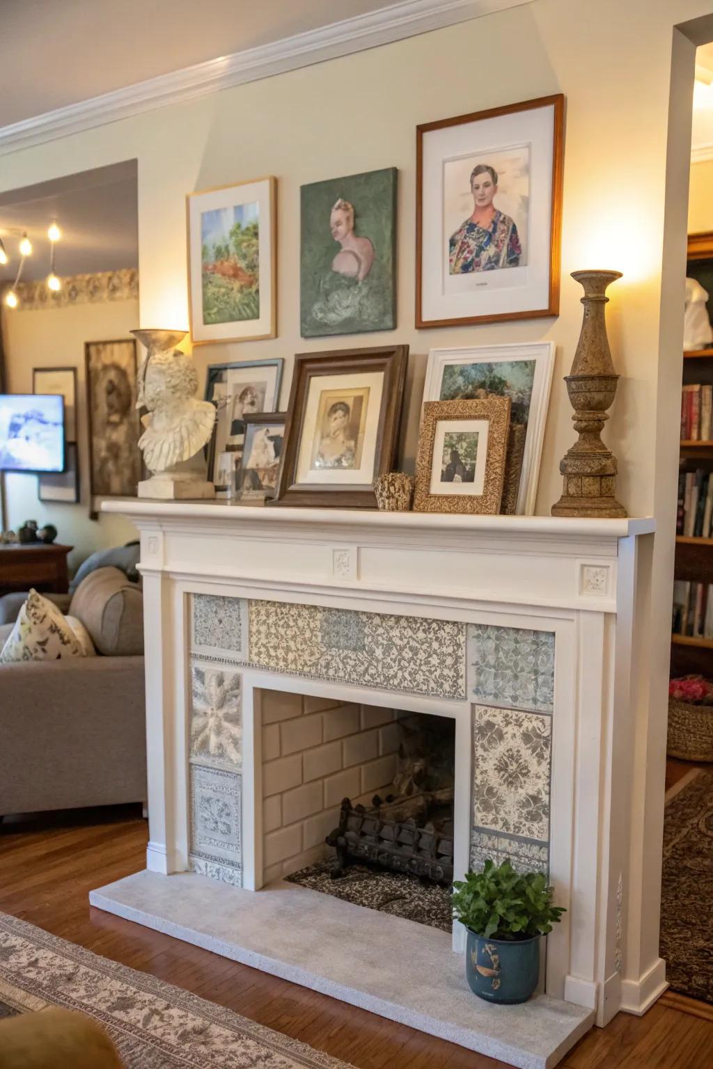 An artificial fireplace serving as a personalized artwork display for unique expression.