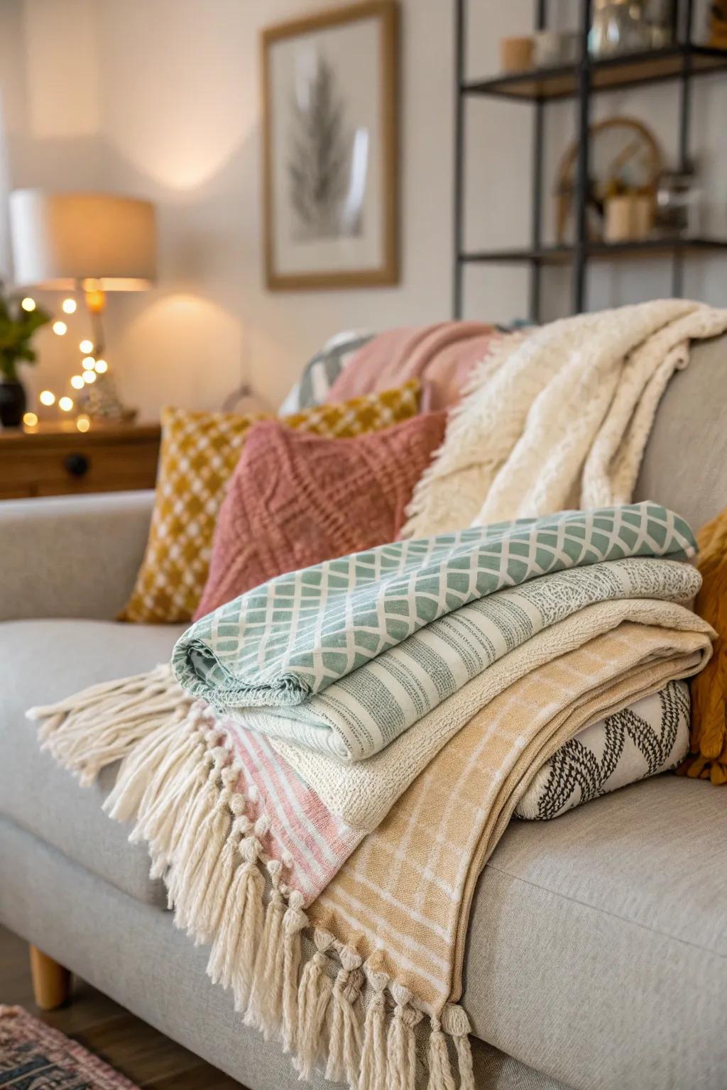 A snug sofa superimposed with an array of throws and comfort blankets.