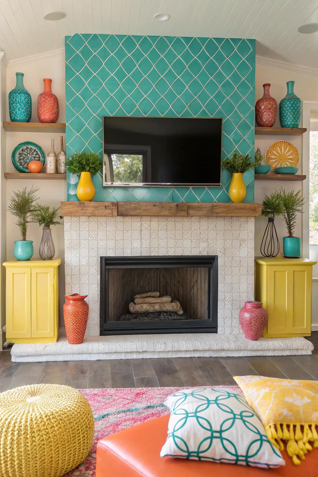 Saturate color within your location utilizing vibrant accents that stand out across your fireplace.
