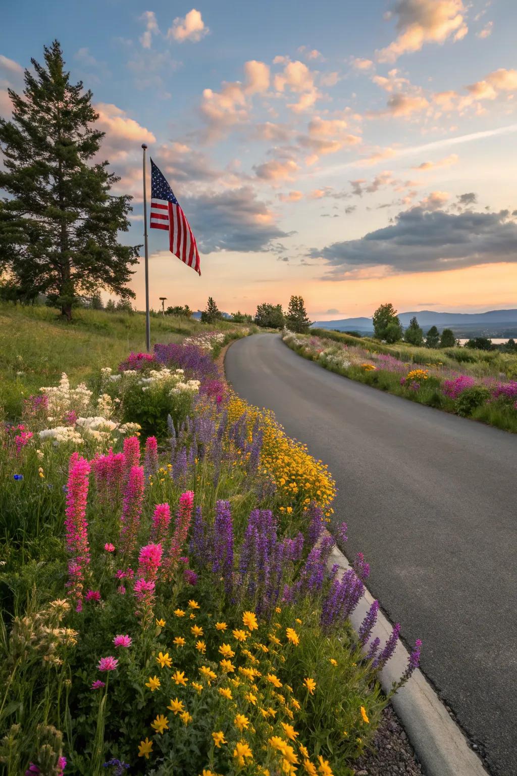 A burst of color with wildflowers lining a rear lot access road.
