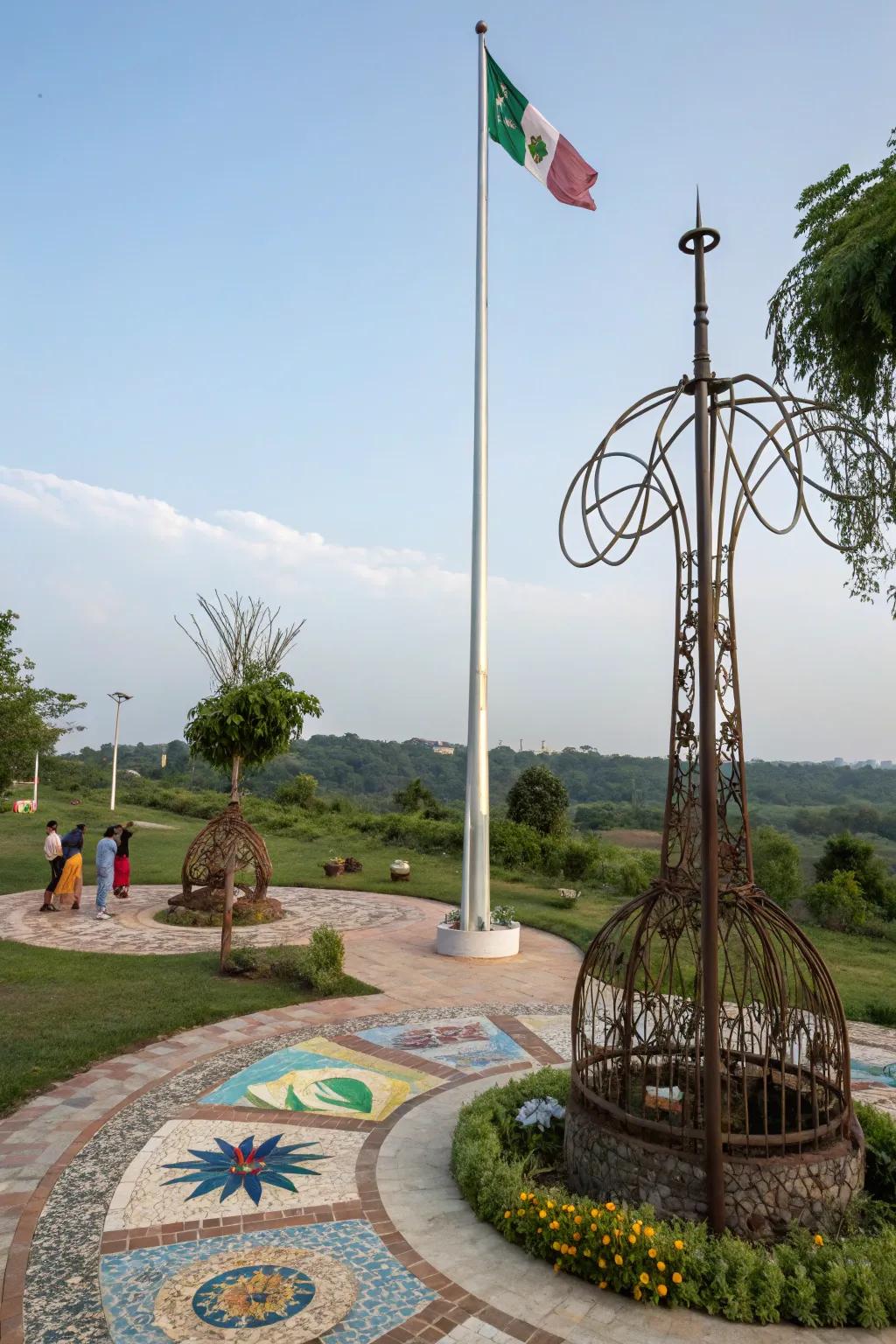Artistic installations convey ingenuity and intrigue to flagpole landscapes.