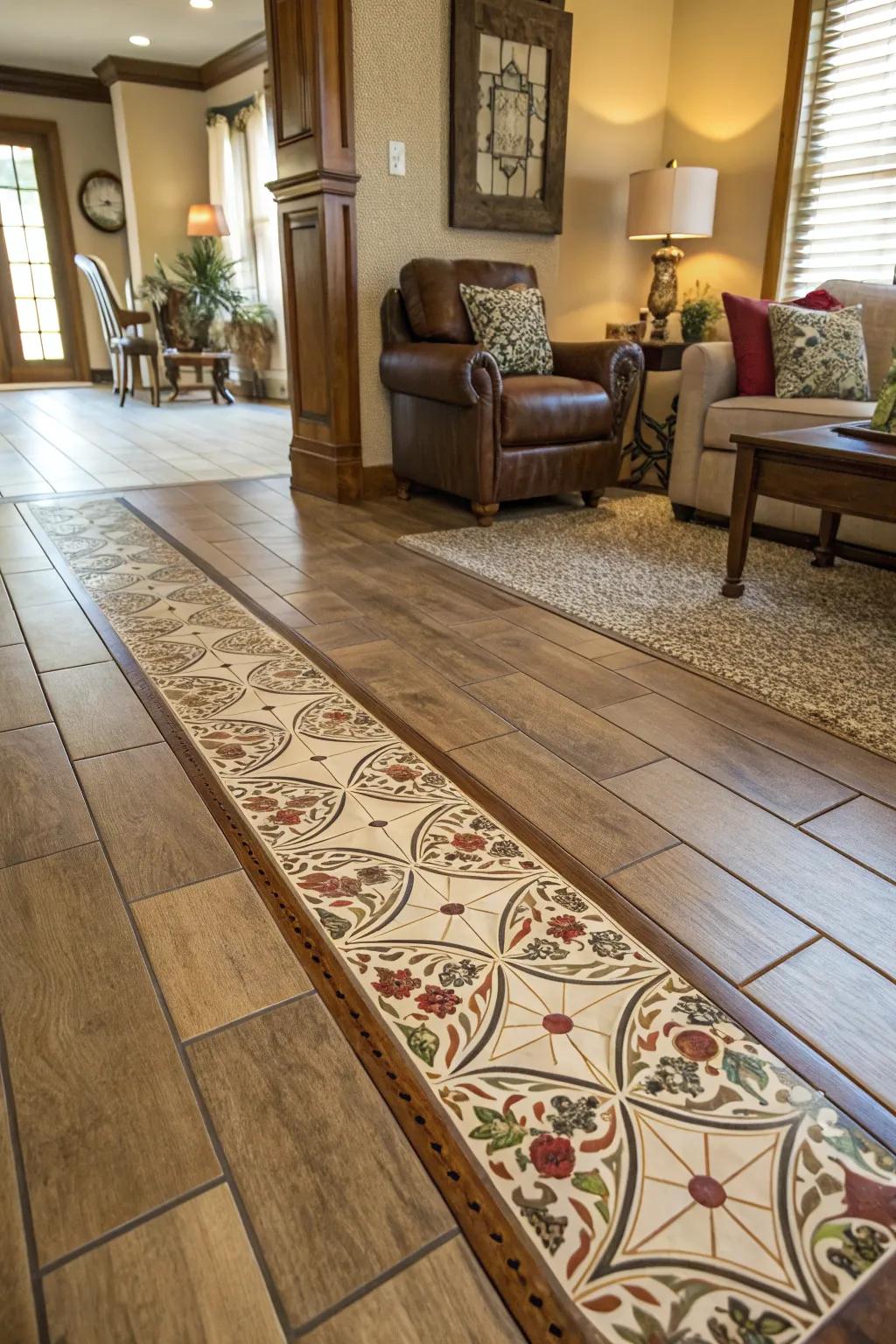 Patterned carpet transition adds coziness and flow.