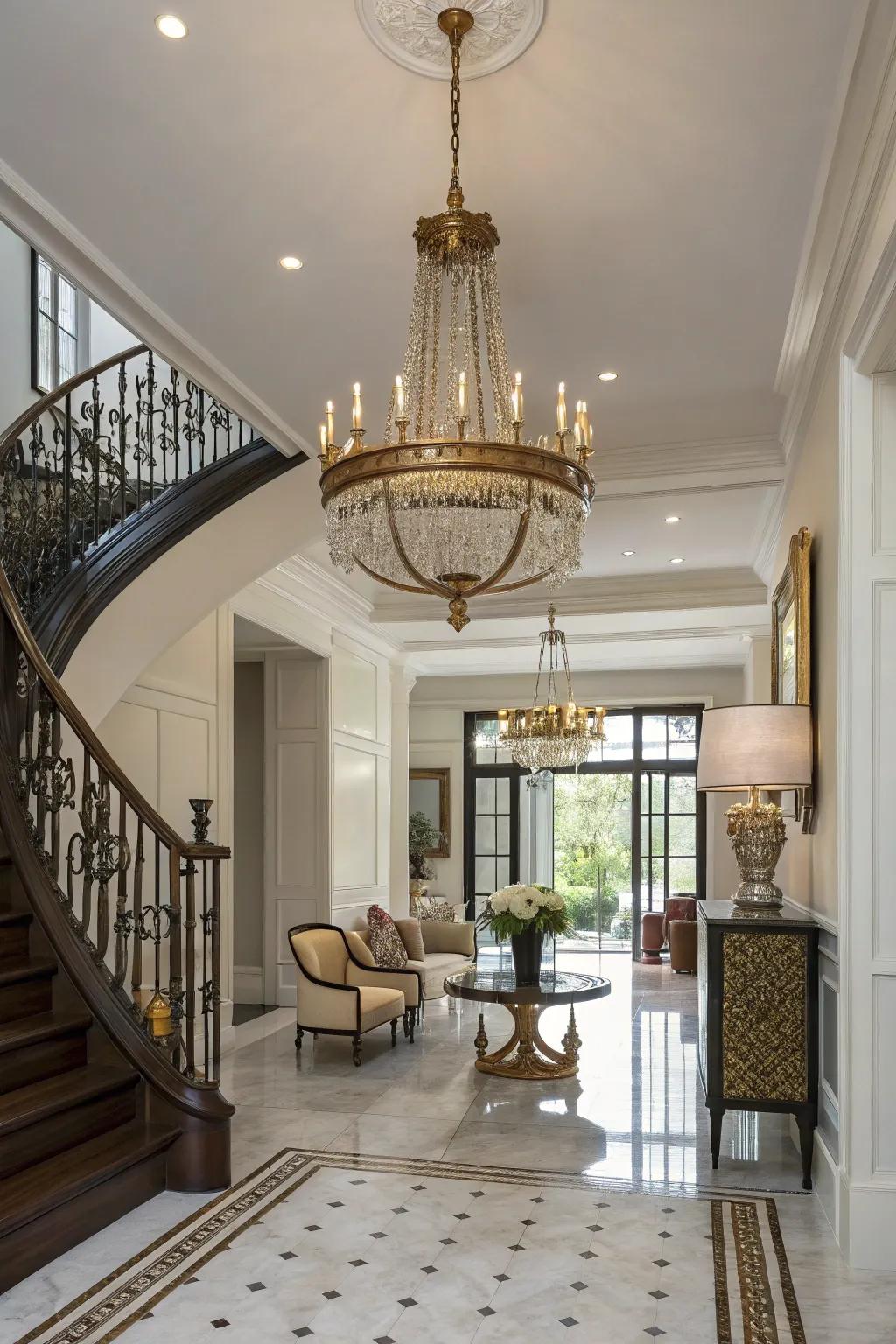 An aged brass chandelier offers sculptural elegance in this refined entrance hall.