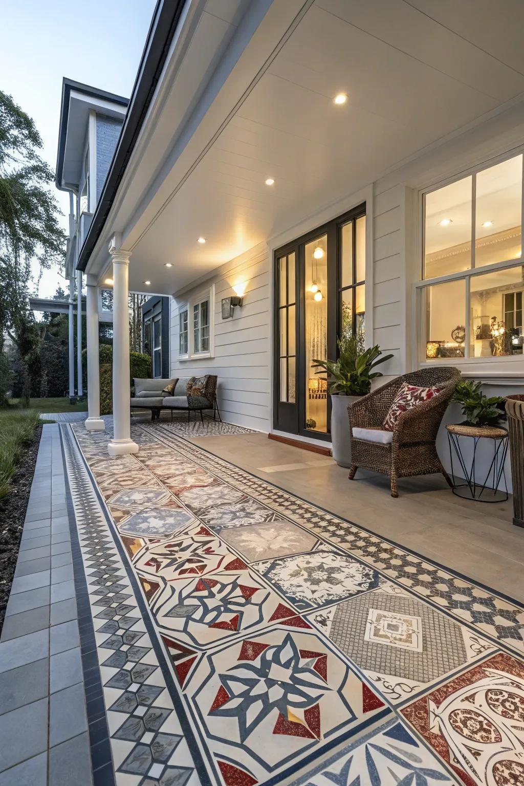 Geometric tiles bring a modern and dynamic look to porch flooring.