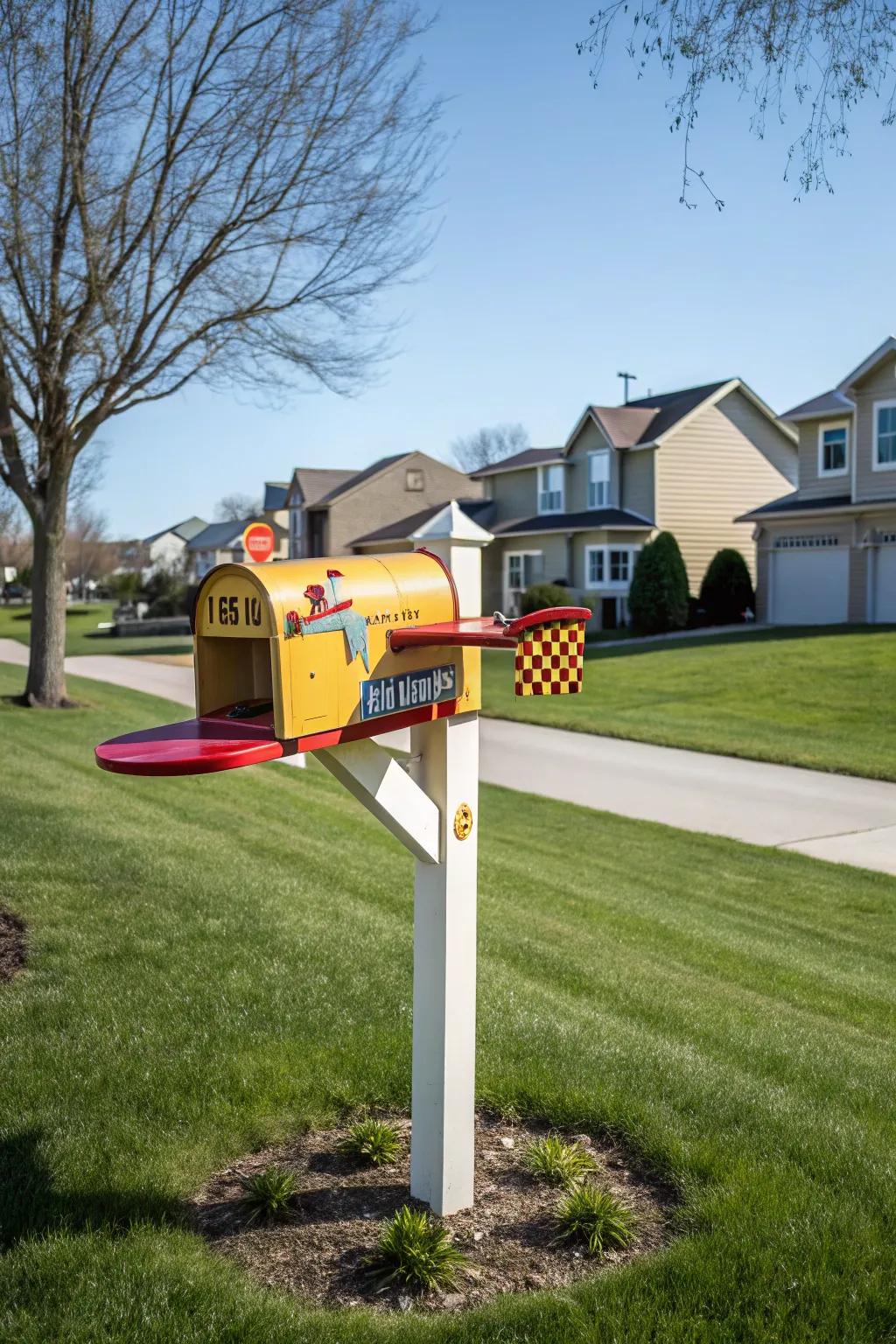 A flying machine mailbox geared up for liftoff with style.