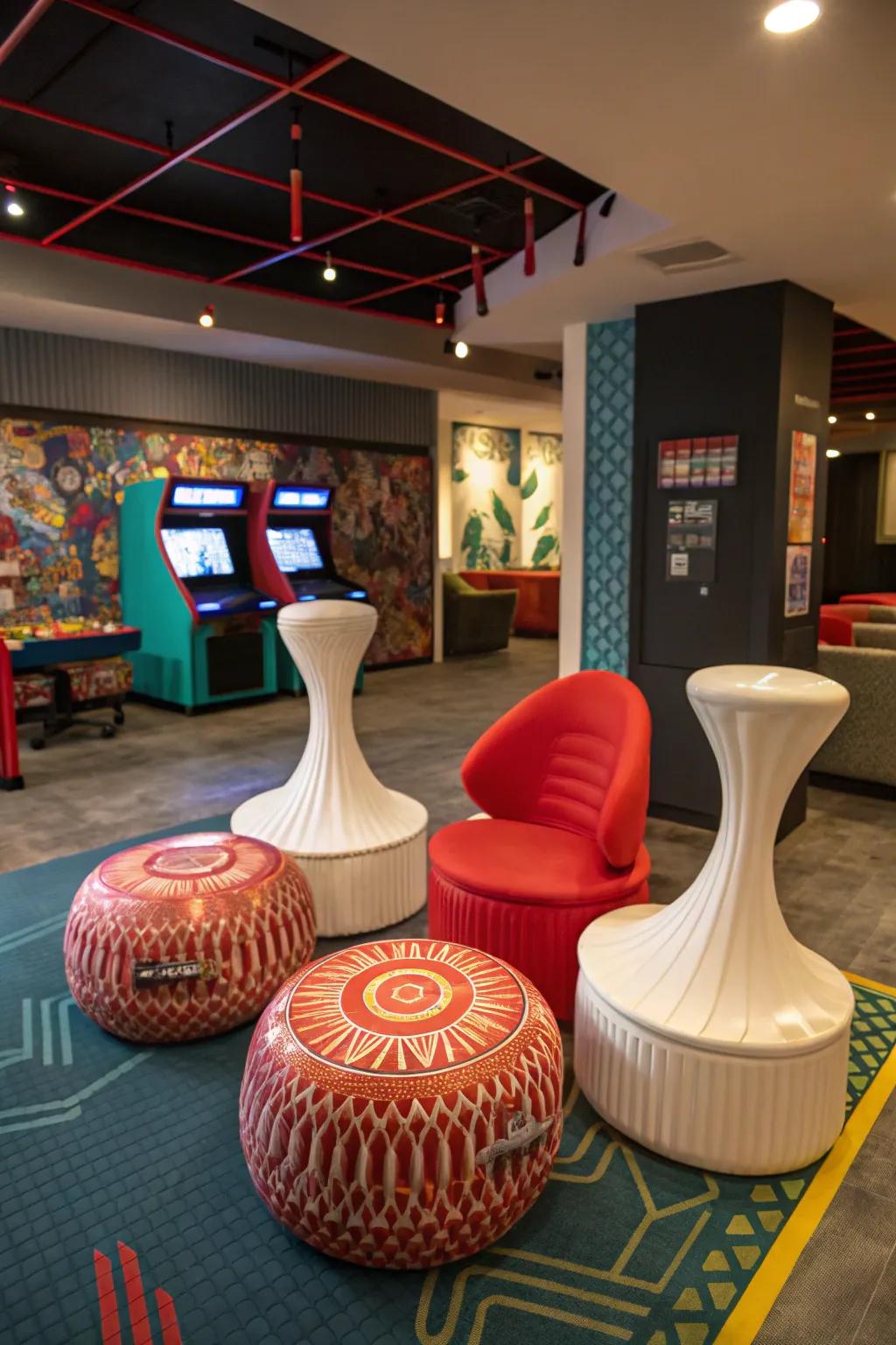 Creative decorative seats add a bold design element to your gaming room.