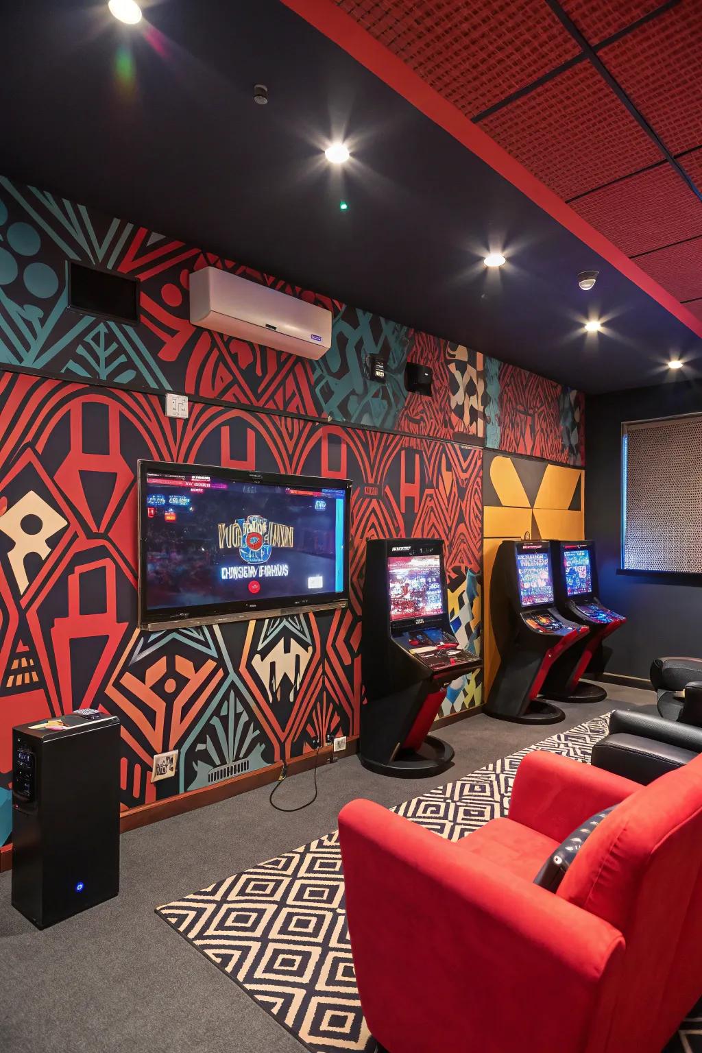Striking wall designs bring visual interest and a vibrant atmosphere to the gaming space.
