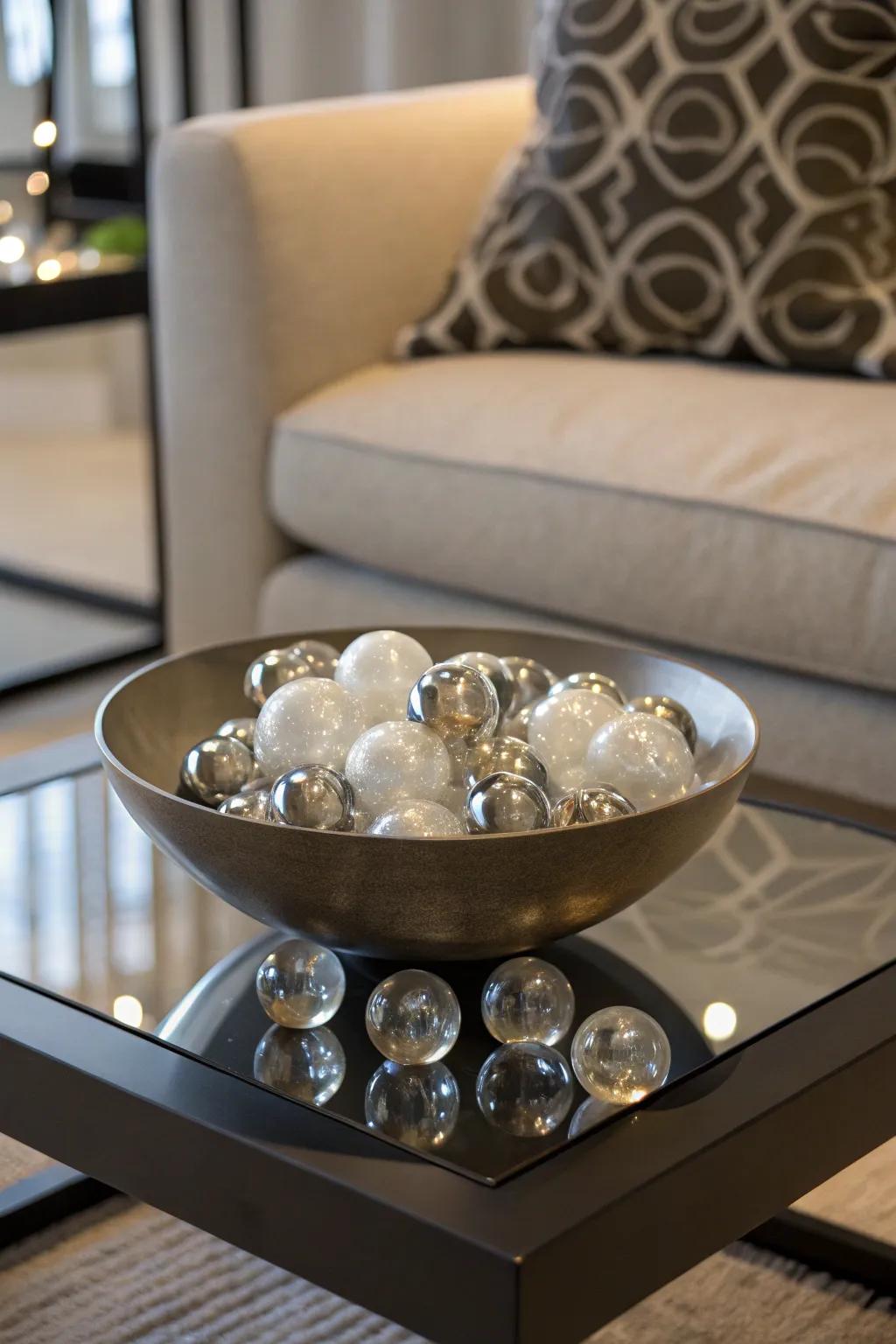 With artistic bowls and spheres, create a chic centerpiece.