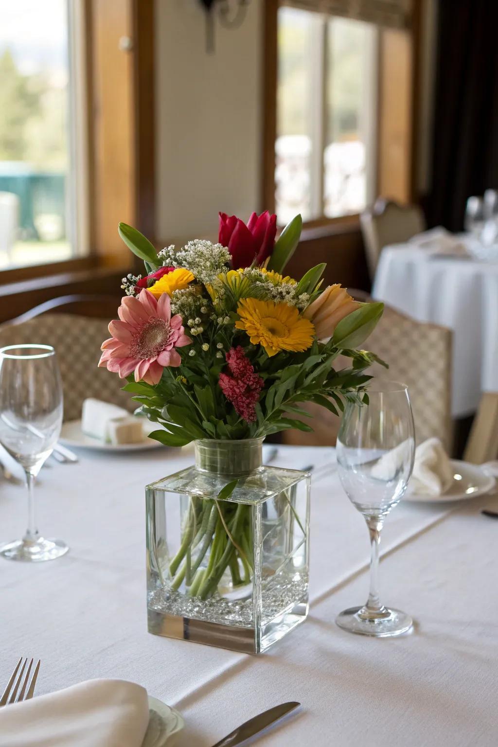 A glass brick used as an elegant vase for flowers.