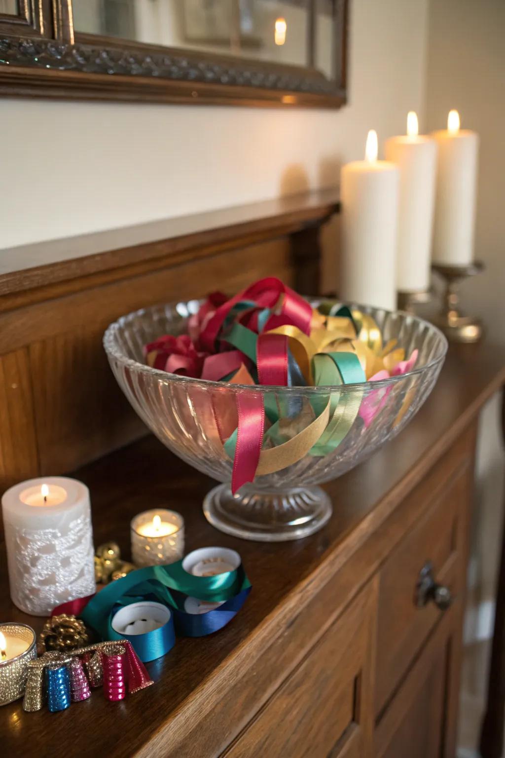 Inventive elegance through ornamental ribbons inside a glass bowl.