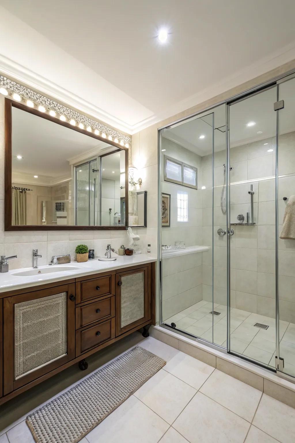 Full-wall reflectors fashion an illusion of area.